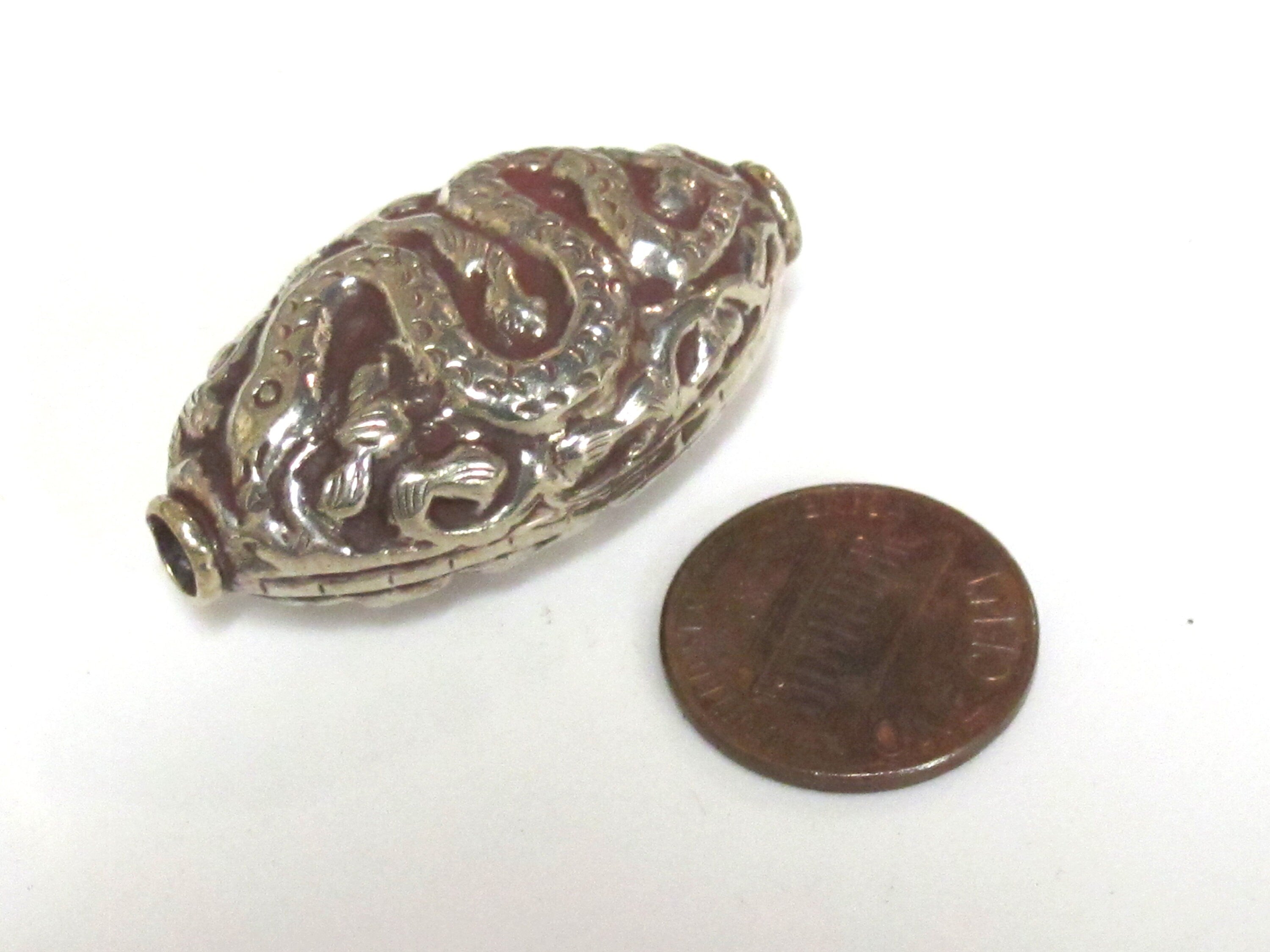 1 Bead - Large Reversible Tibetan silver color finish filigree snake design focal pendant bead - BD395K