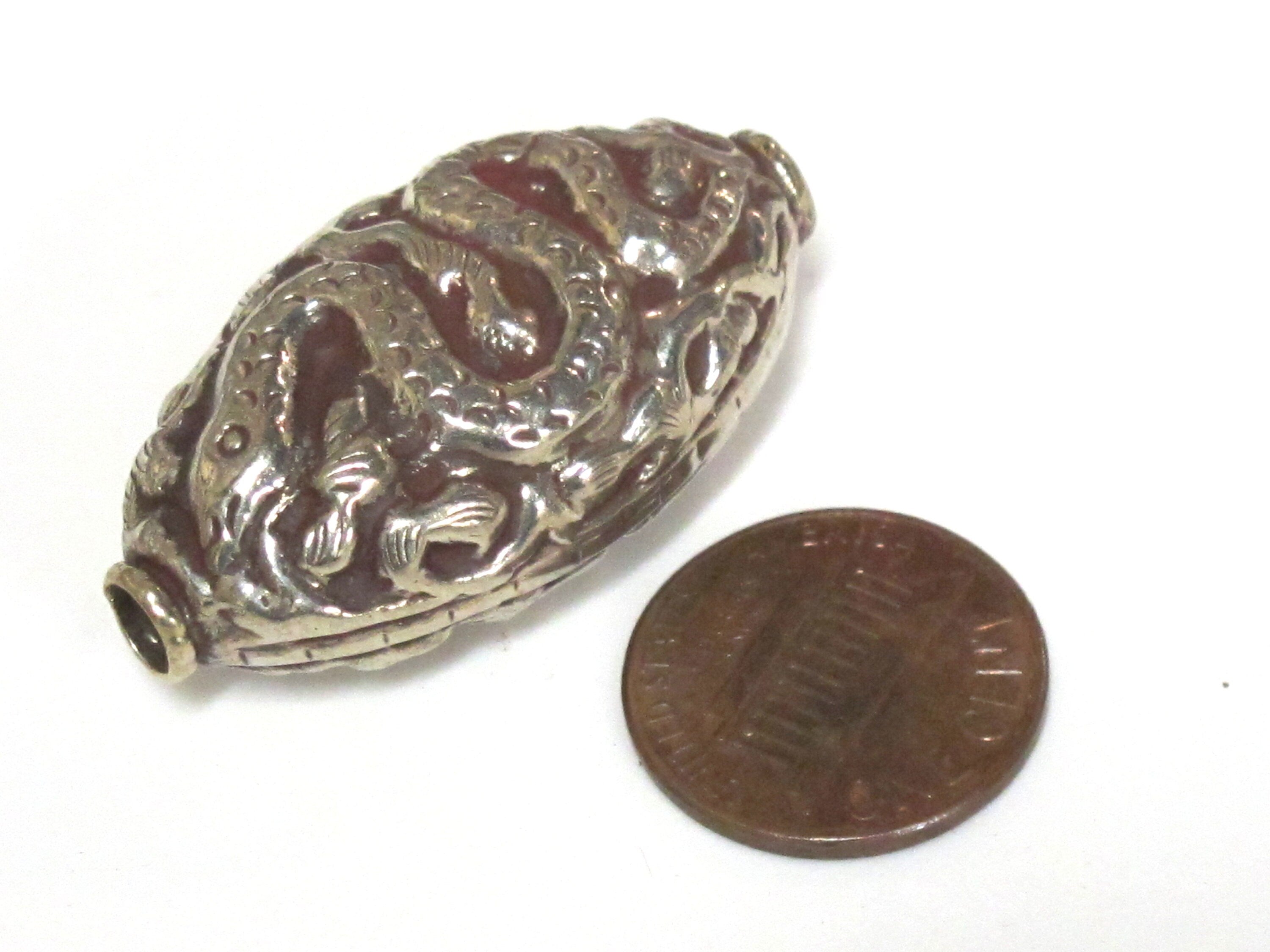 1 Bead - Large Reversible Tibetan silver color finish filigree snake design focal pendant bead - BD395K