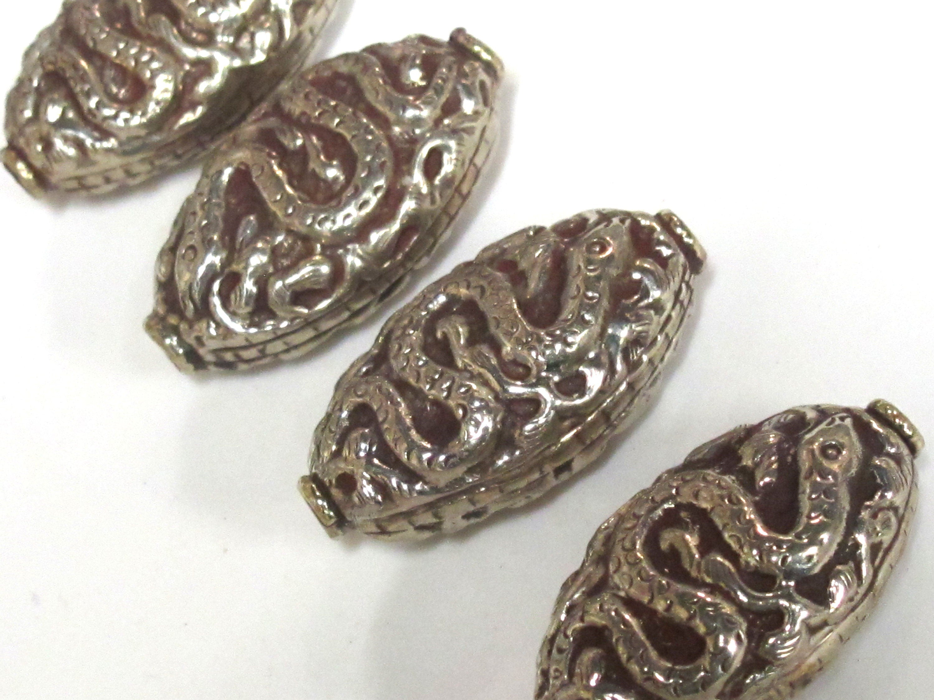 1 Bead - Large Reversible Tibetan silver color finish filigree snake design focal pendant bead - BD395K
