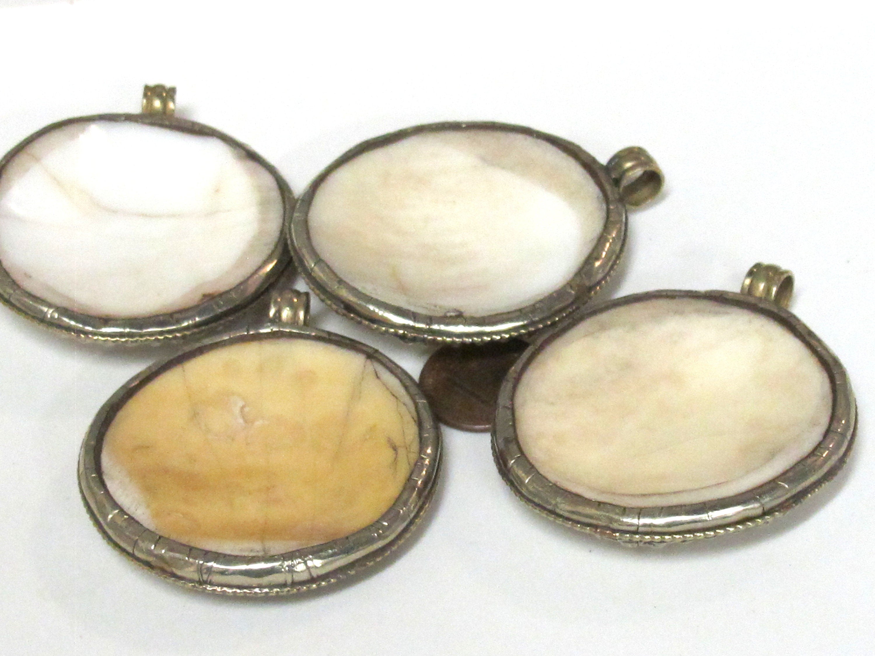 Exotic naga conch shell Tibetan silver finish animal floral rabbit design carving pendant - PM249K