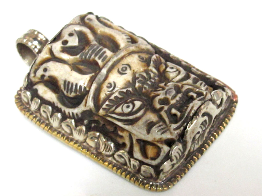 1 Pendant - Ethnic nepal recycled cattle bone pendant Large size carved ethnic Tibetan Nepal Mahakala protector bone pendant -- PB119