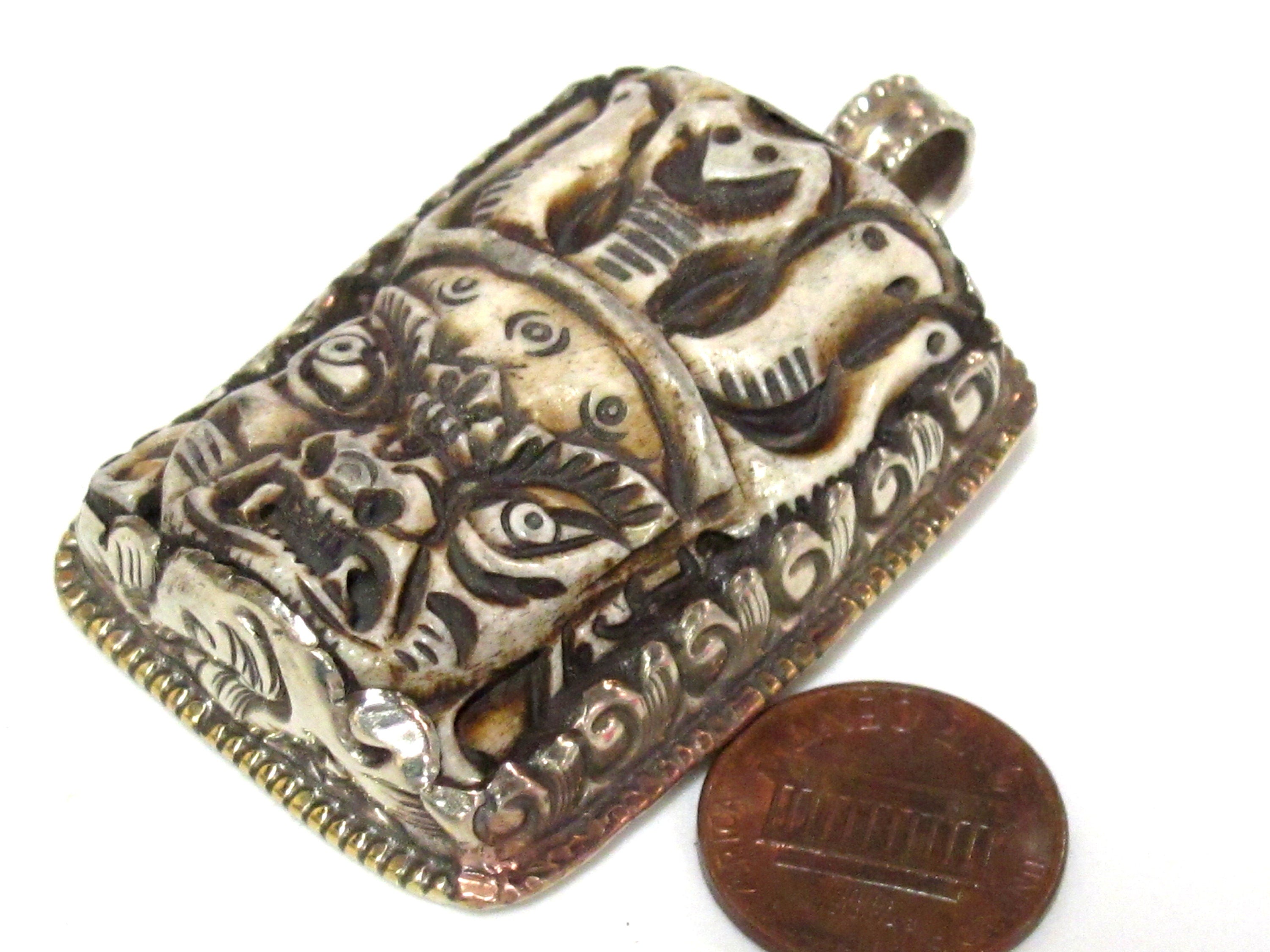 1 Pendant - Ethnic nepal recycled cattle bone pendant Large size carved ethnic Tibetan Nepal Mahakala protector bone pendant -- PB119