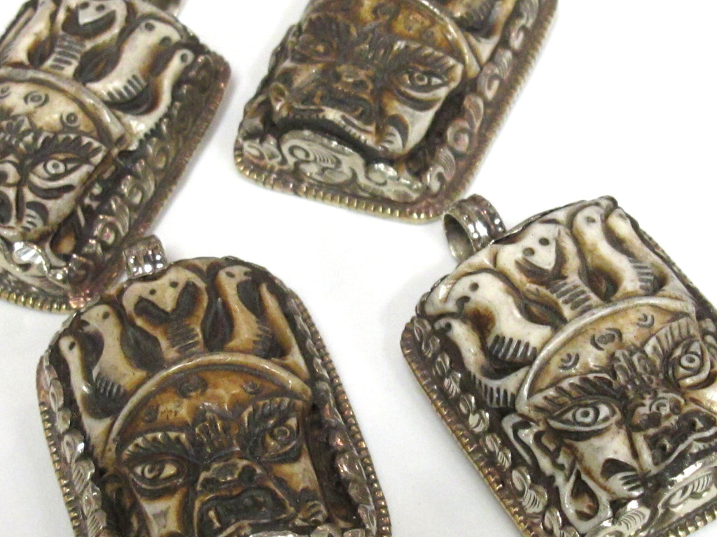 1 Pendant - Ethnic nepal recycled cattle bone pendant Large size carved ethnic Tibetan Nepal Mahakala protector bone pendant -- PB119