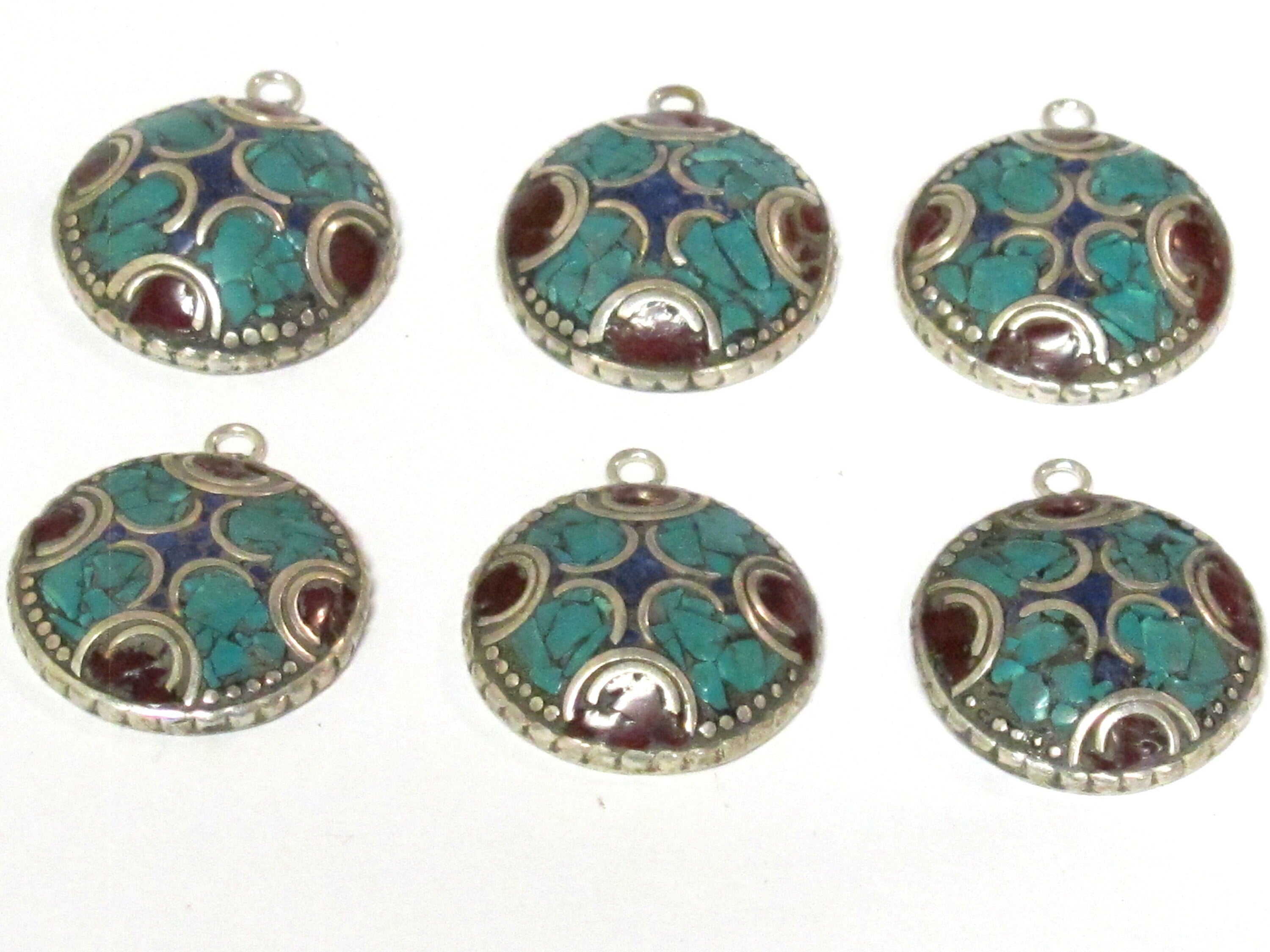 2 charms - Oval round shape Tibetan silver finish charm pendant with mosaic turquoise lapis inlay - PM616B