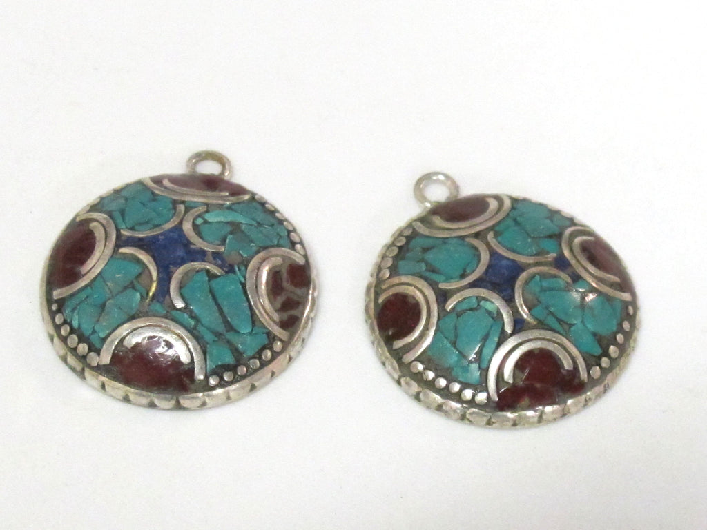 2 charms - Oval round shape Tibetan silver finish charm pendant with mosaic turquoise lapis inlay - PM616B