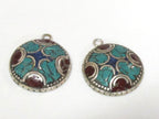 2 charms - Oval round shape Tibetan silver finish charm pendant with mosaic turquoise lapis inlay - PM616B