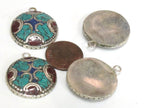 2 charms - Oval round shape Tibetan silver finish charm pendant with mosaic turquoise lapis inlay - PM616B