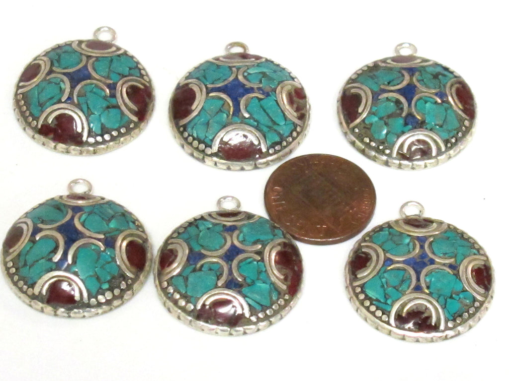 2 charms - Oval round shape Tibetan silver finish charm pendant with mosaic turquoise lapis inlay - PM616B
