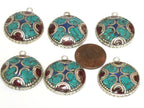 2 charms - Oval round shape Tibetan silver finish charm pendant with mosaic turquoise lapis inlay - PM616B