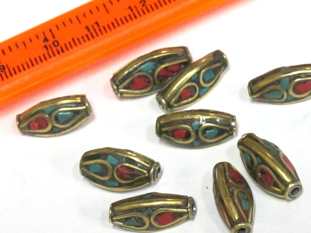 5 Beads - Tibetan beads nepal beads Bicone brass beads from Nepal with turquoise inlay - BD979s