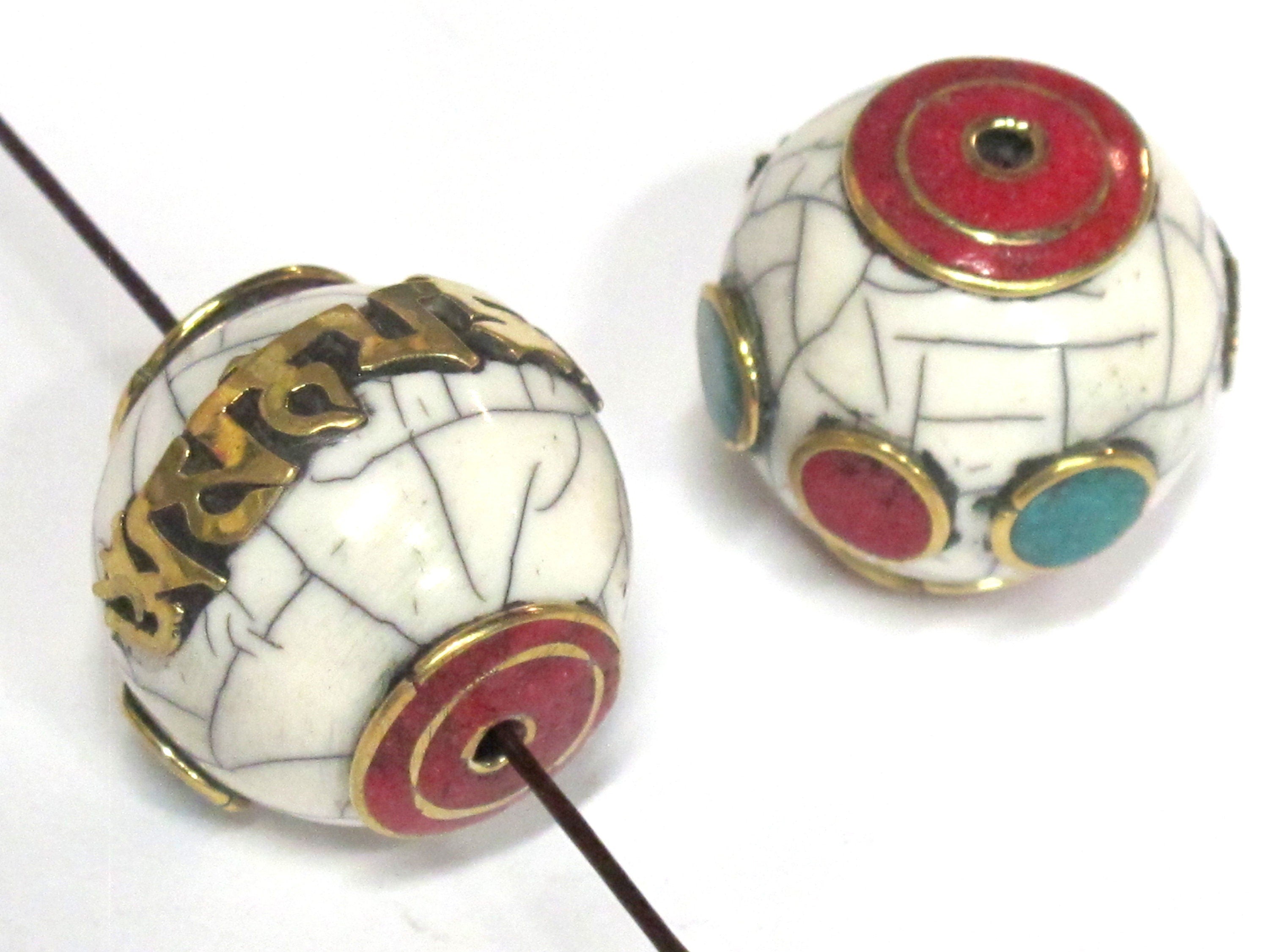 1 Bead - Large thick Tibetan Om mantra white crackle resin bead with brass , turquoise and inlay 24 -25 mm wide - BD980