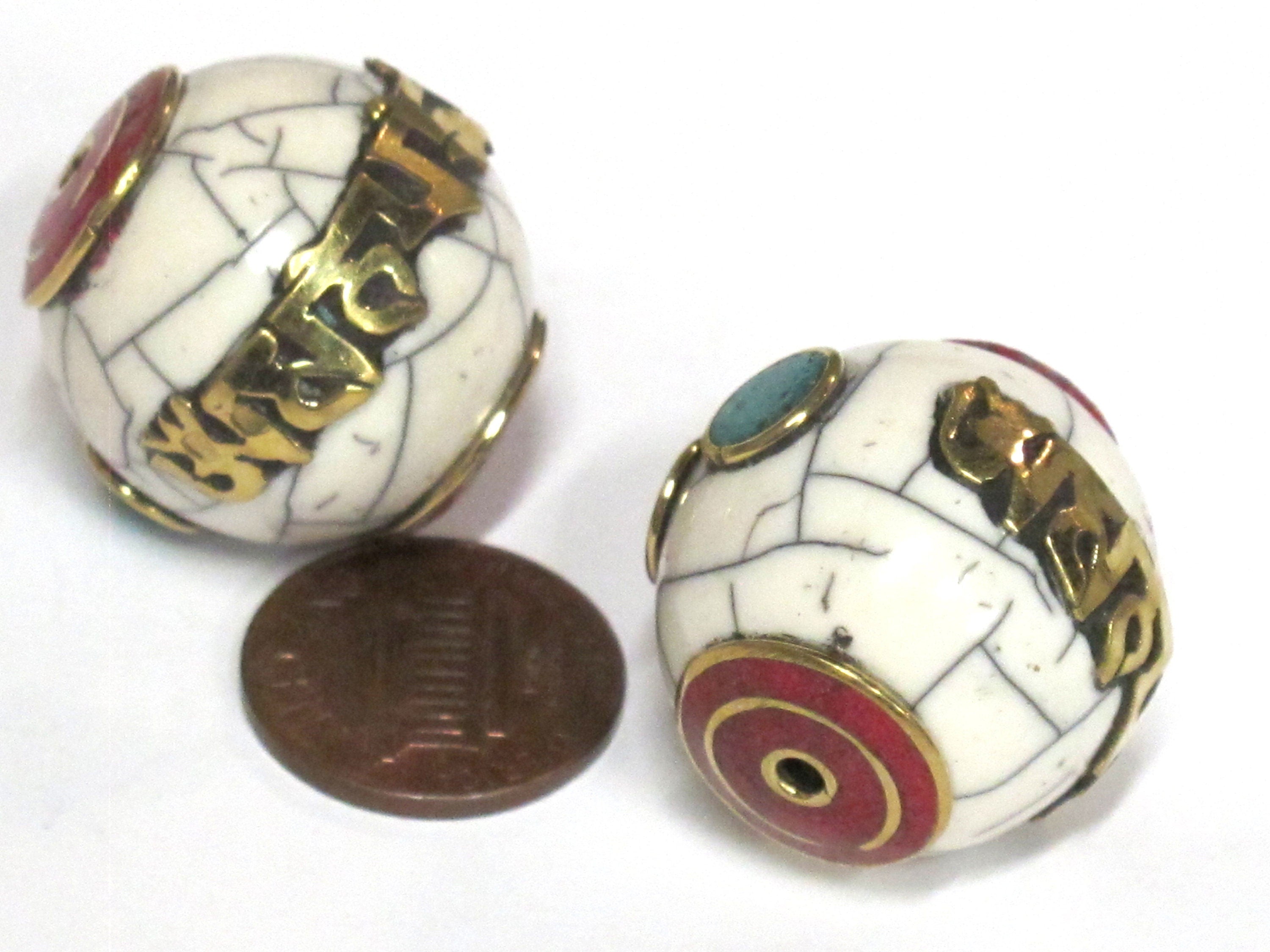 1 Bead - Large thick Tibetan Om mantra white crackle resin bead with brass , turquoise and inlay 24 -25 mm wide - BD980