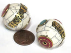 1 Bead - Large thick Tibetan Om mantra white crackle resin bead with brass , turquoise and inlay 24 -25 mm wide - BD980