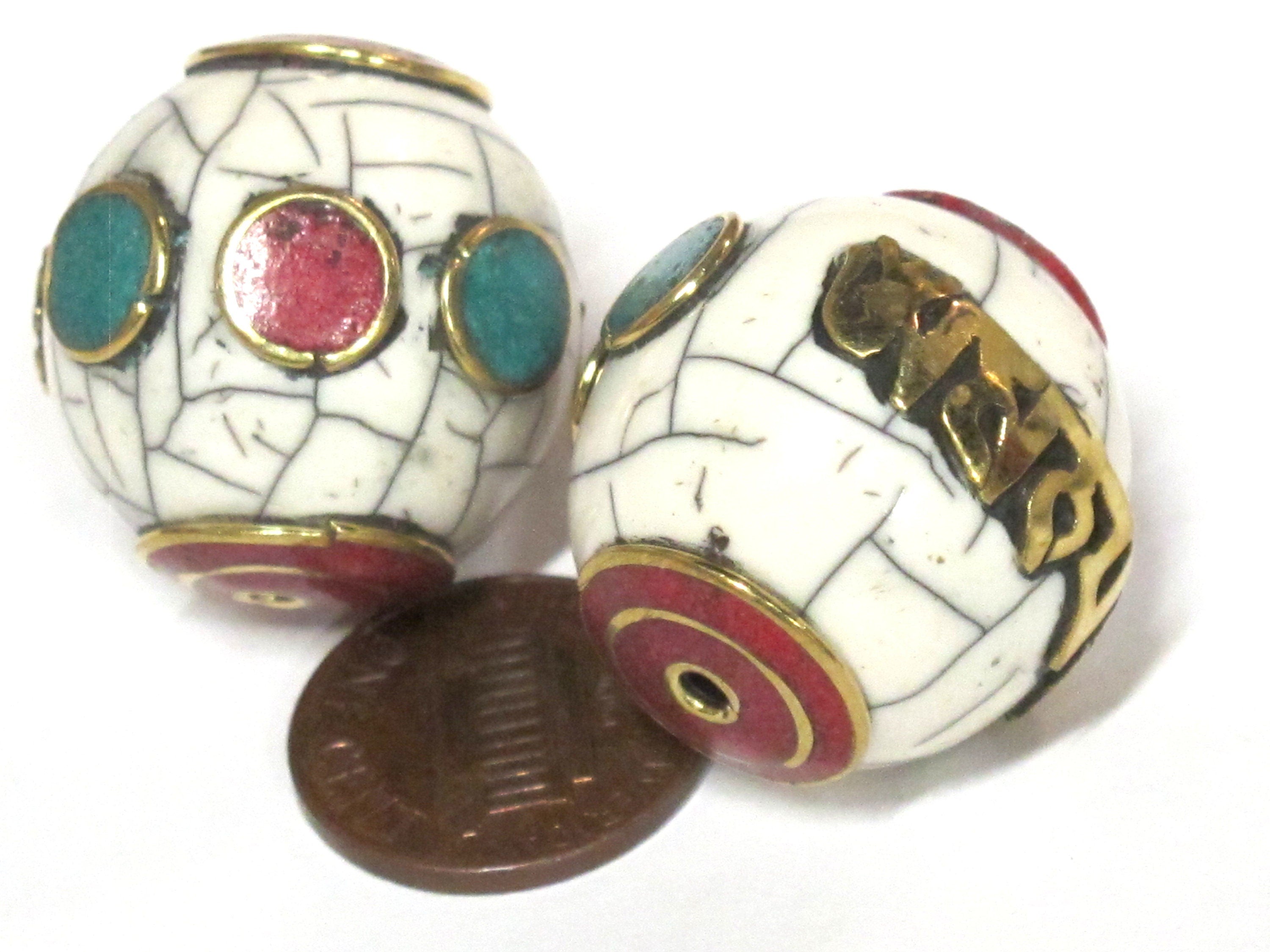 1 Bead - Large thick Tibetan Om mantra white crackle resin bead with brass , turquoise and inlay 24 -25 mm wide - BD980