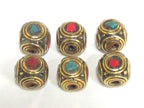 4 Beads - Ethnic Nepal brass beads with turquoise inlay cuboid shape - BD981s