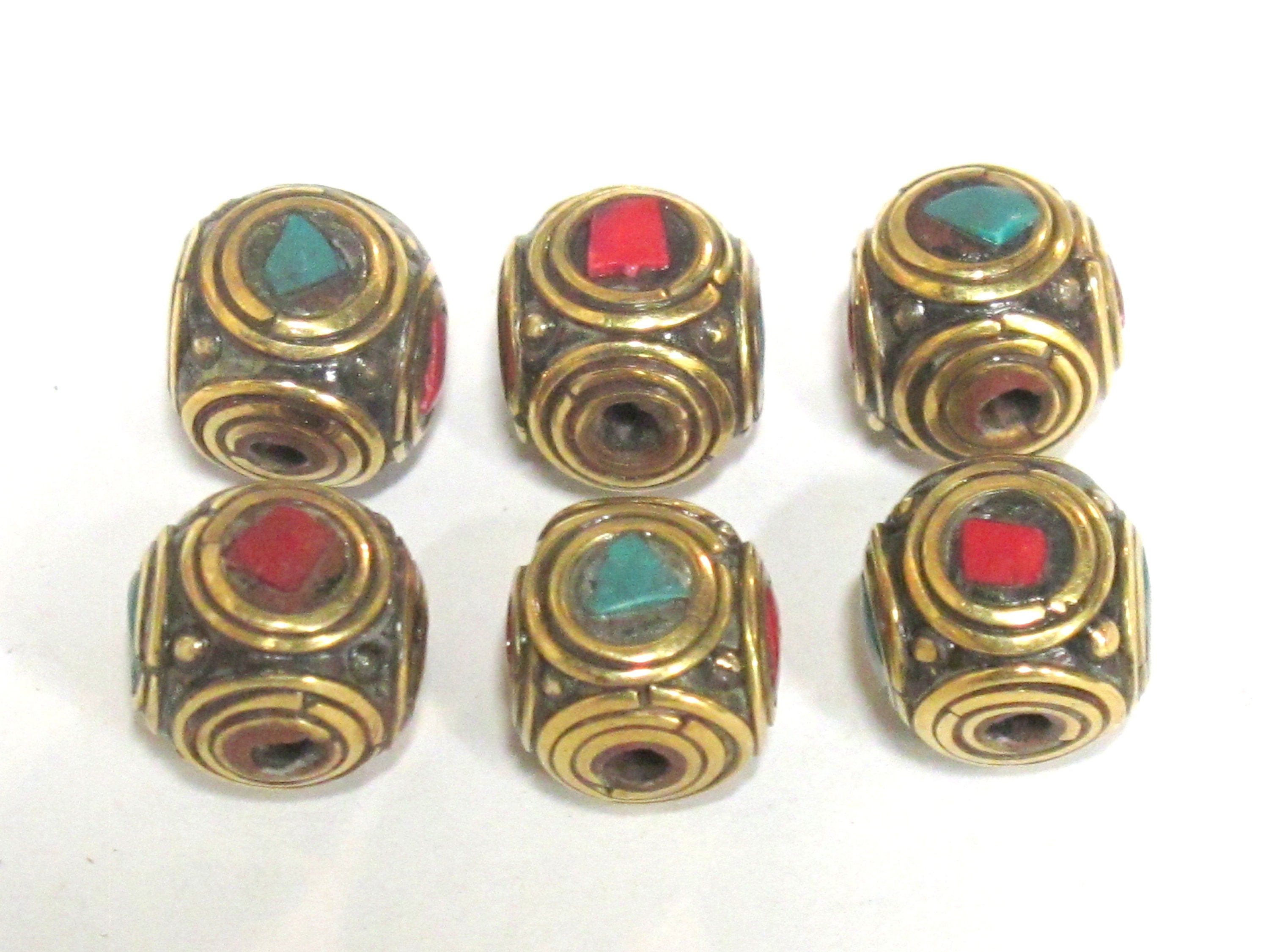 4 Beads - Ethnic Nepal brass beads with turquoise inlay cuboid shape - BD981s