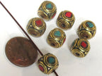 4 Beads - Ethnic Nepal brass beads with turquoise inlay cuboid shape - BD981s