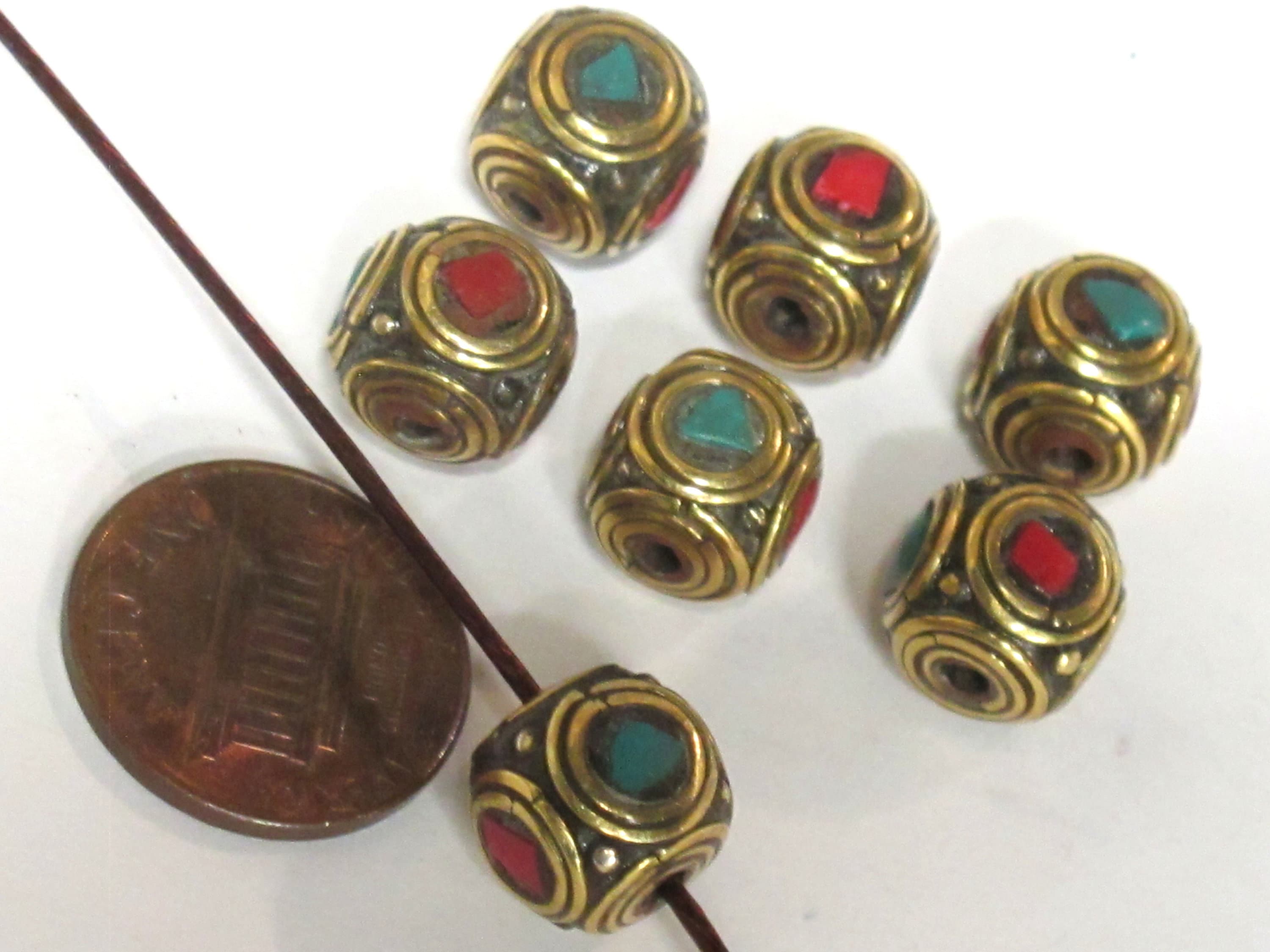 4 Beads - Ethnic Nepal brass beads with turquoise inlay cuboid shape - BD981s