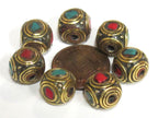 4 Beads - Ethnic Nepal brass beads with turquoise inlay cuboid shape - BD981s