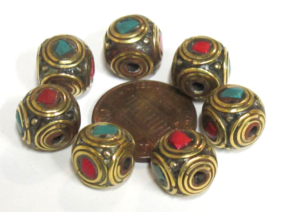 4 Beads - Ethnic Nepal brass beads with turquoise inlay cuboid shape - BD981s