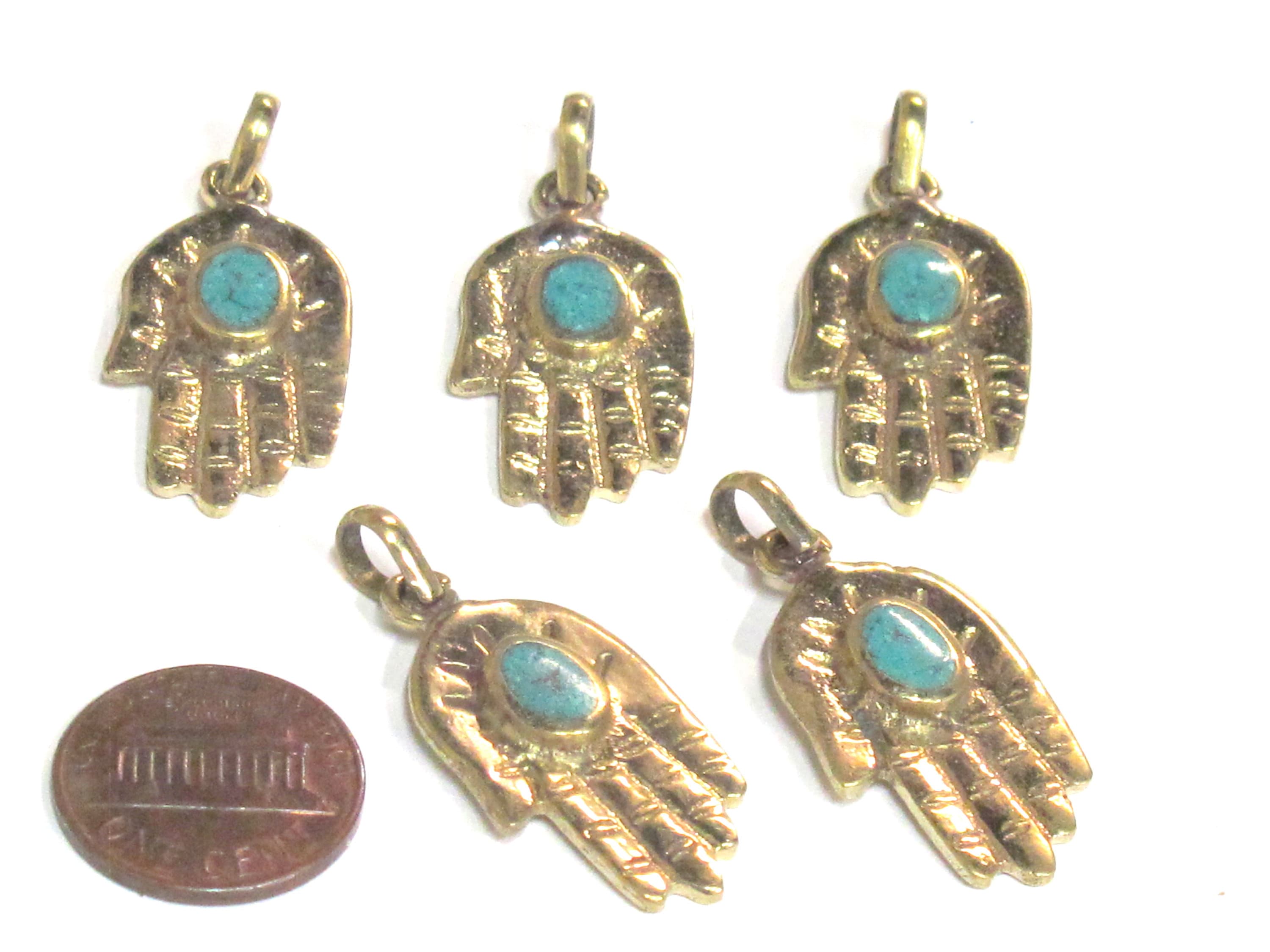 1 Pendant - Small size Tibetan Buddha hand brass pendant with turquoise inlay - PM297C
