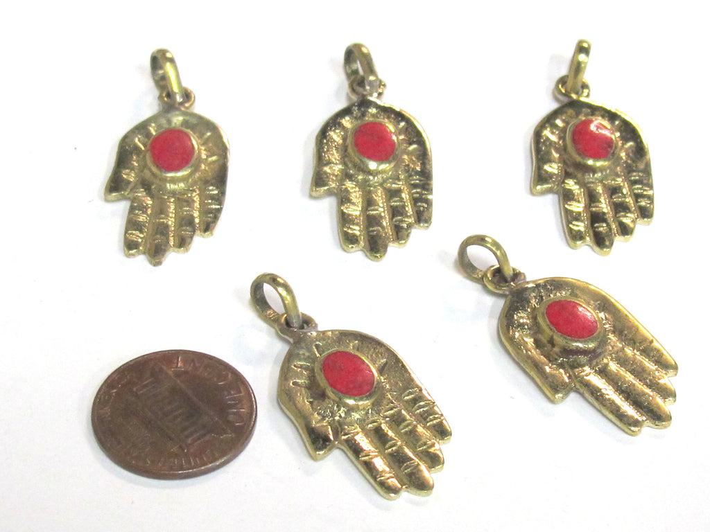 1 Pendant - Small size Tibetan Buddha hand brass pendant with inlay - PM297D