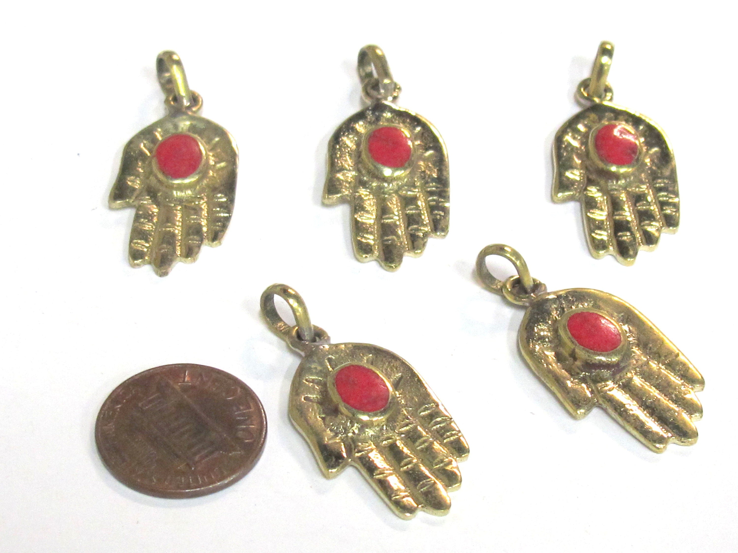 1 Pendant - Small size Tibetan Buddha hand brass pendant with inlay - PM297D