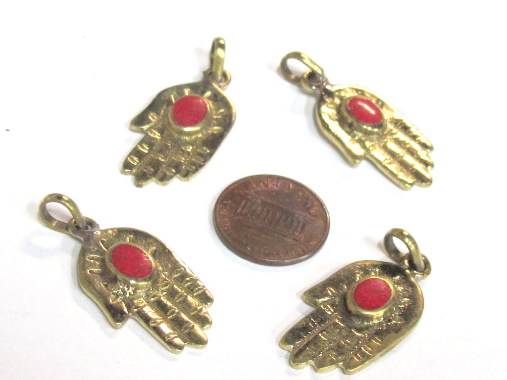 1 Pendant - Small size Tibetan Buddha hand brass pendant with inlay - PM297D