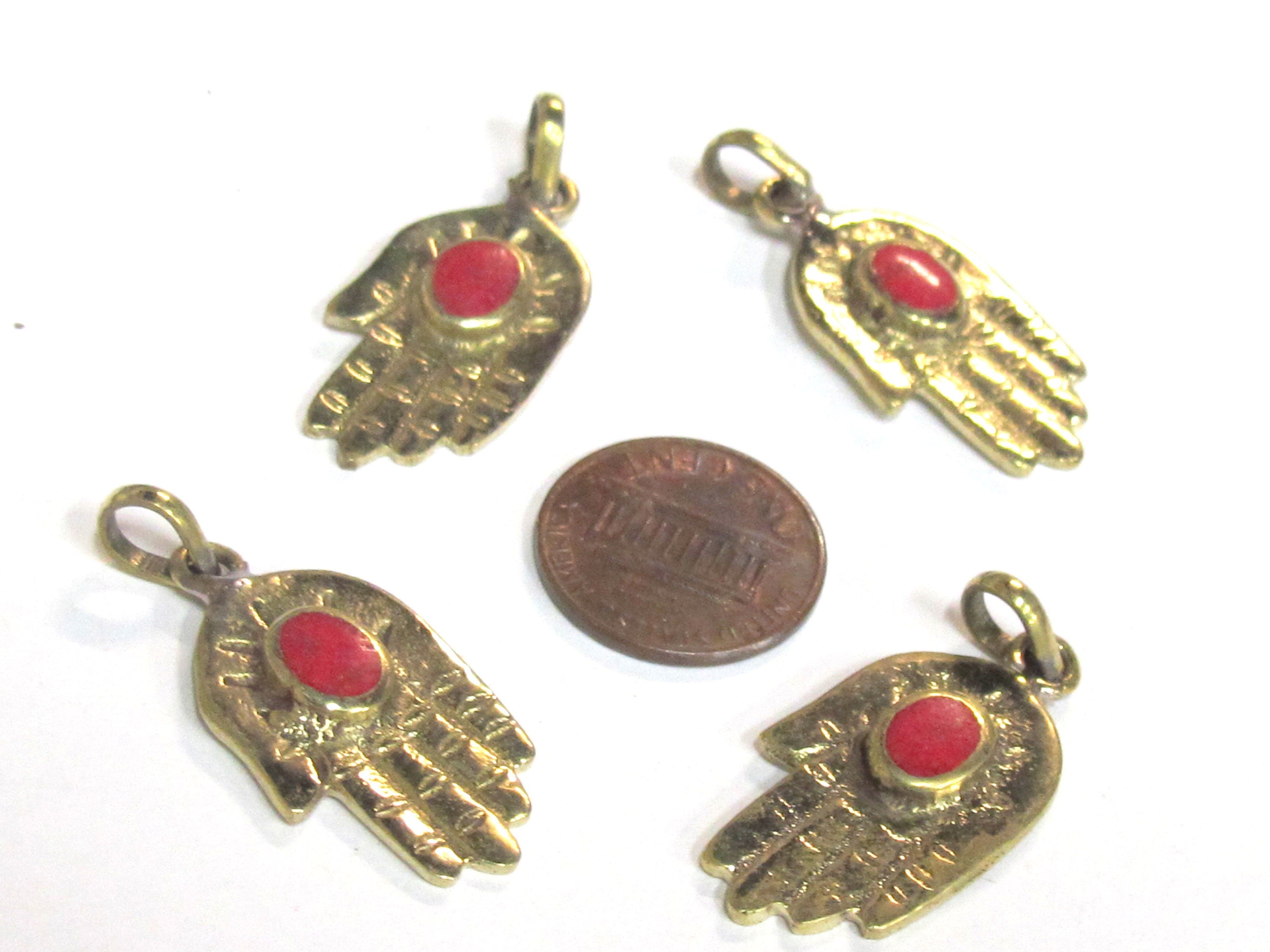 1 Pendant - Small size Tibetan Buddha hand brass pendant with inlay - PM297D