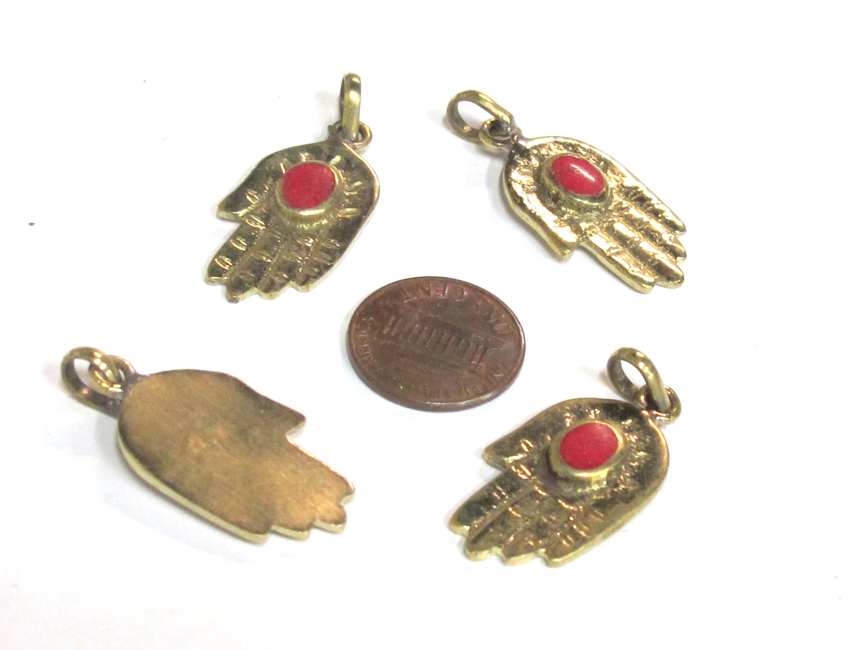 1 Pendant - Small size Tibetan Buddha hand brass pendant with inlay - PM297D