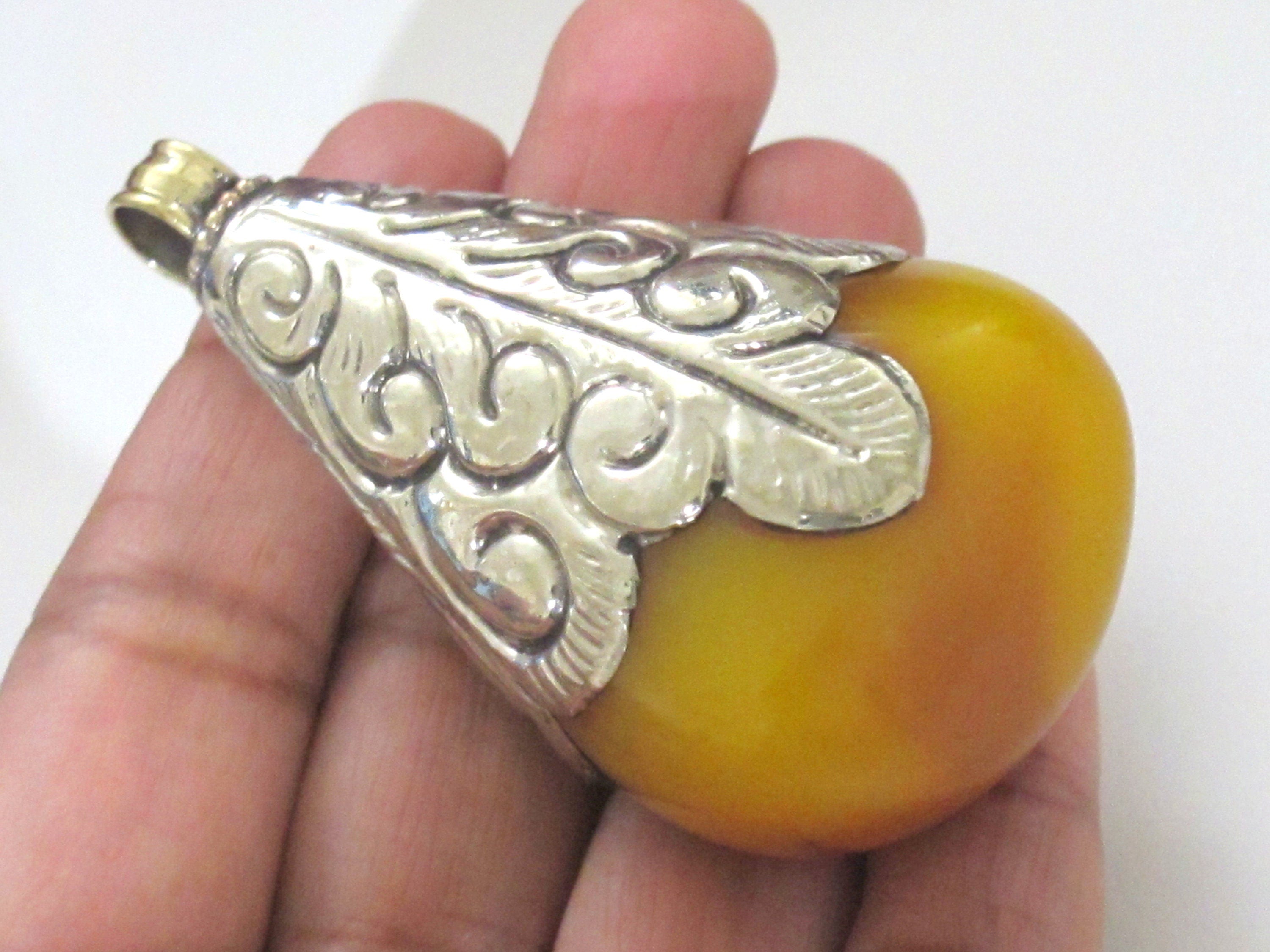 1 pendant - Large big bold size drop shape Tibetan silver finish capped copal resin pendant - PM331M