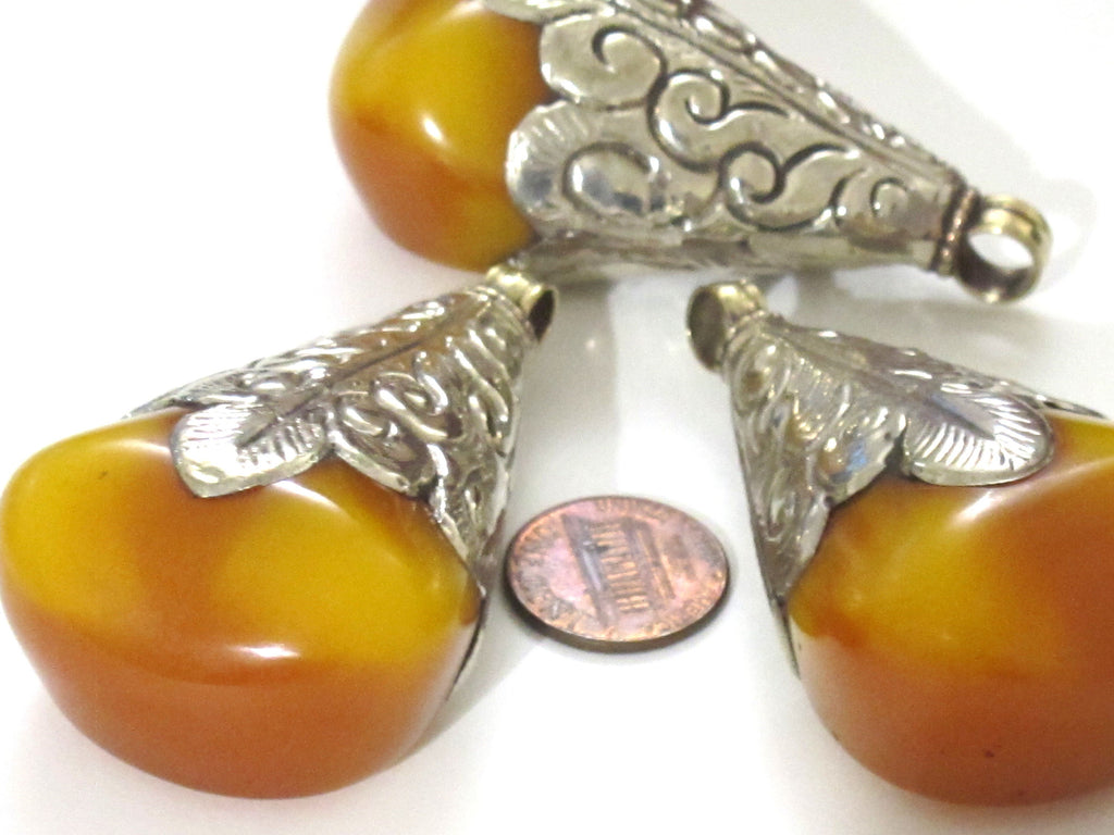 1 pendant - Large big bold size drop shape Tibetan silver finish capped copal resin pendant - PM331M