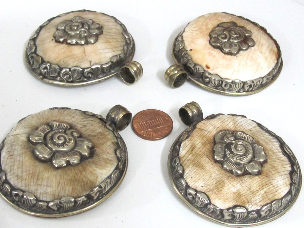 1 pendant - Large Ethnic Tibetan Nepal antiqued silver finish naga conch shell pendant with flower design - PM547G