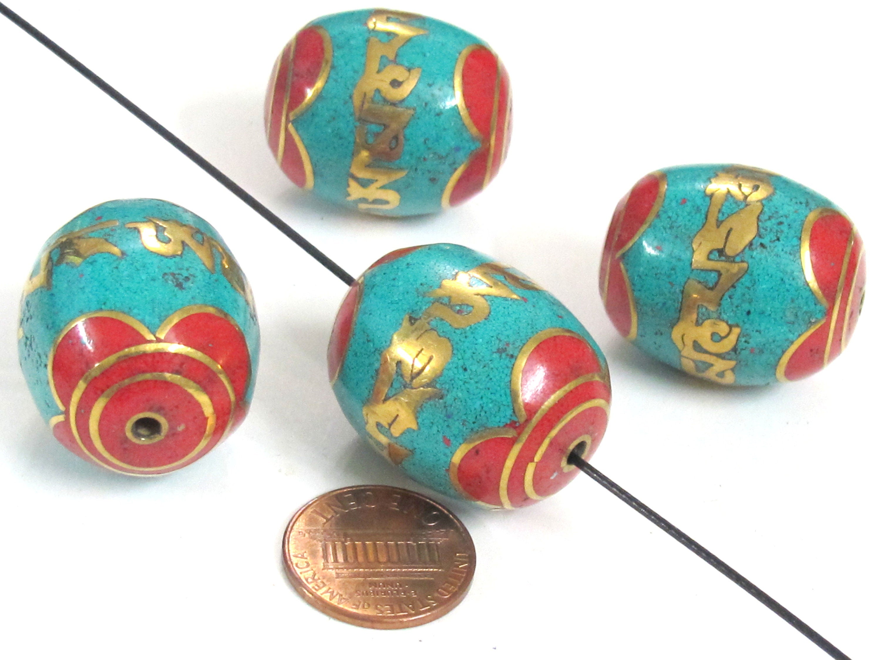 1 Bead - Large thick size Tibetan prayer mantra om mani padme hum Bead with turquoise coral inlay - BD103K