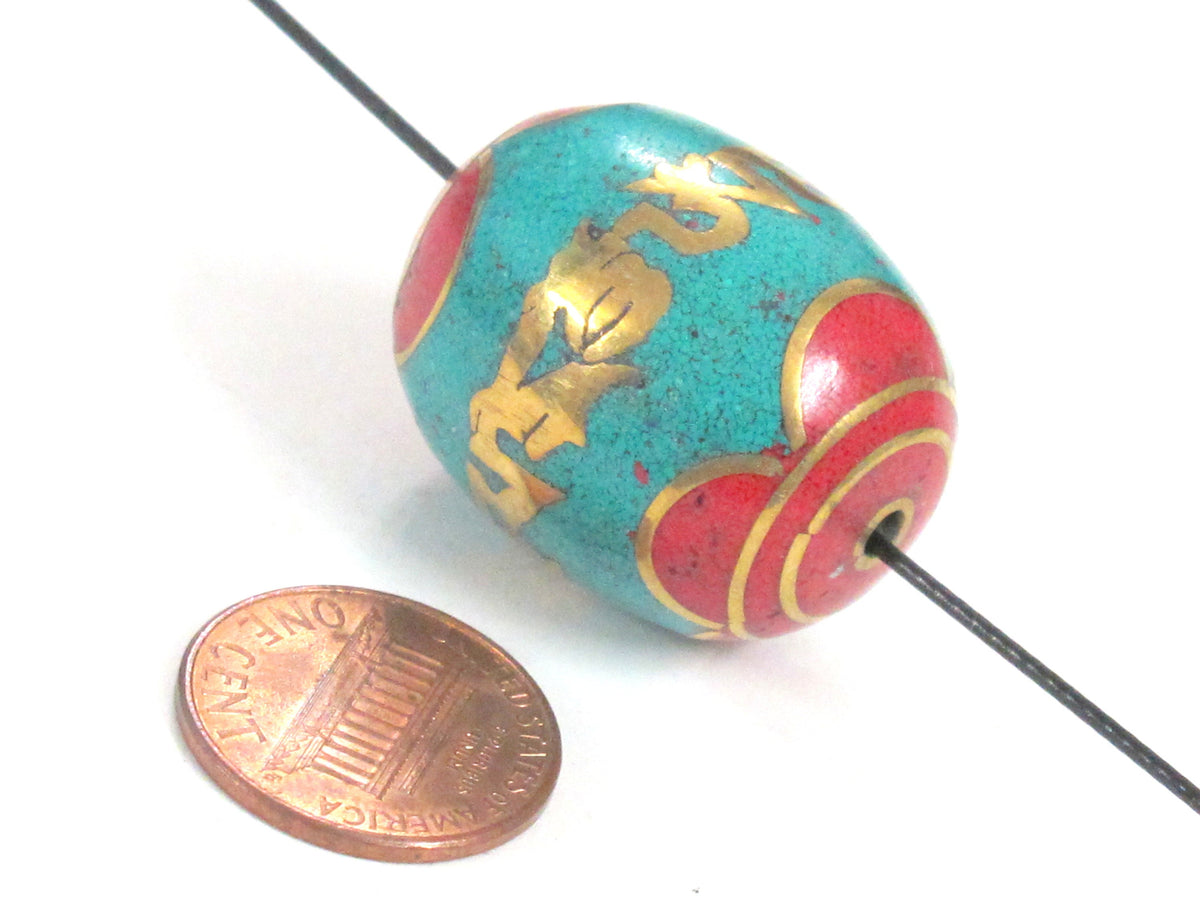 1 Bead - Large thick size Tibetan prayer mantra om mani padme hum Bead with turquoise coral inlay - BD103K