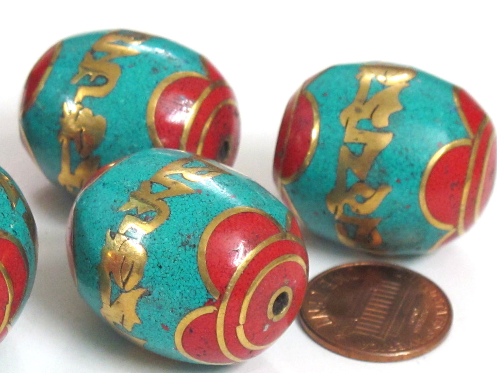 1 Bead - Large thick size Tibetan prayer mantra om mani padme hum Bead with turquoise coral inlay - BD103K