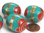 2 Beads - Large thick size Tibetan prayer mantra om mani padme hum Bead with turquoise inlay - BD103Ks