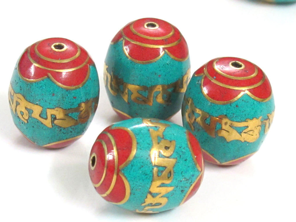 1 Bead - Large thick size Tibetan prayer mantra om mani padme hum Bead with turquoise coral inlay - BD103K