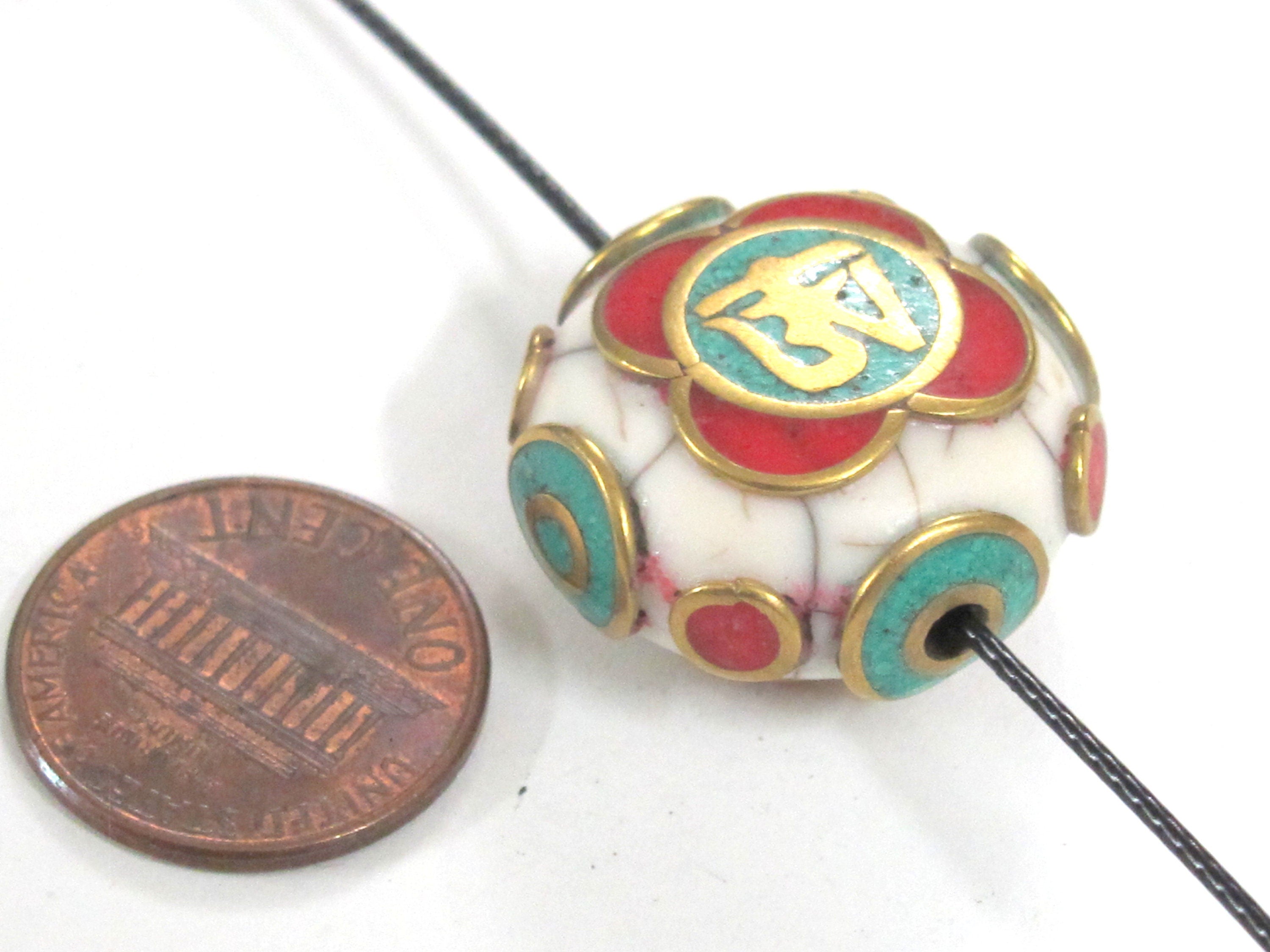 1 Bead - Tibetan Om white crackle resin reversible disc shape bead with brass , turquoise and inlay - BD828K