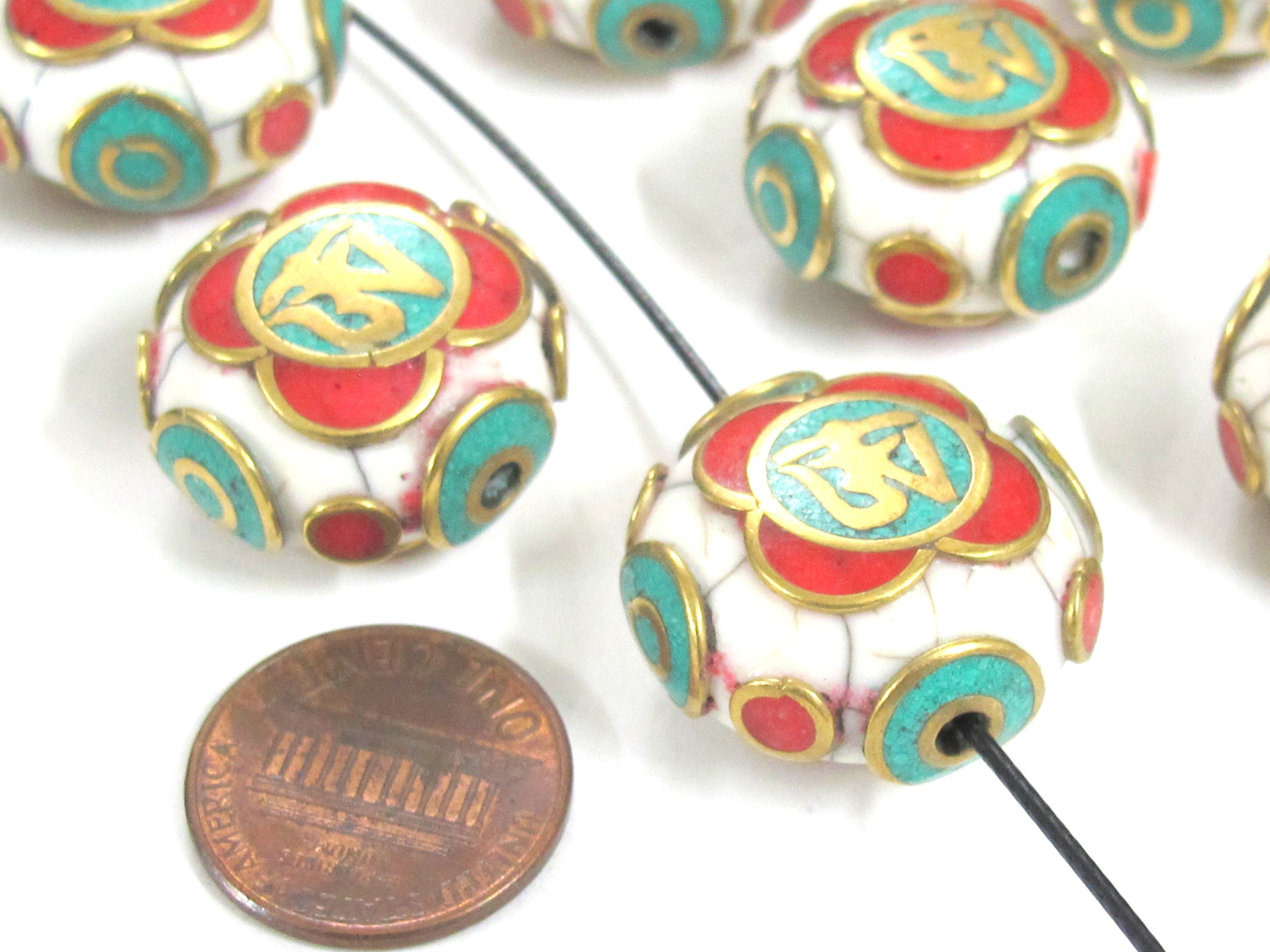 1 Bead - Tibetan Om white crackle resin reversible disc shape bead with brass , turquoise and inlay - BD828K
