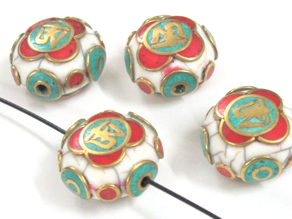 1 Bead - Tibetan Om white crackle resin reversible disc shape bead with brass , turquoise and inlay - BD828K