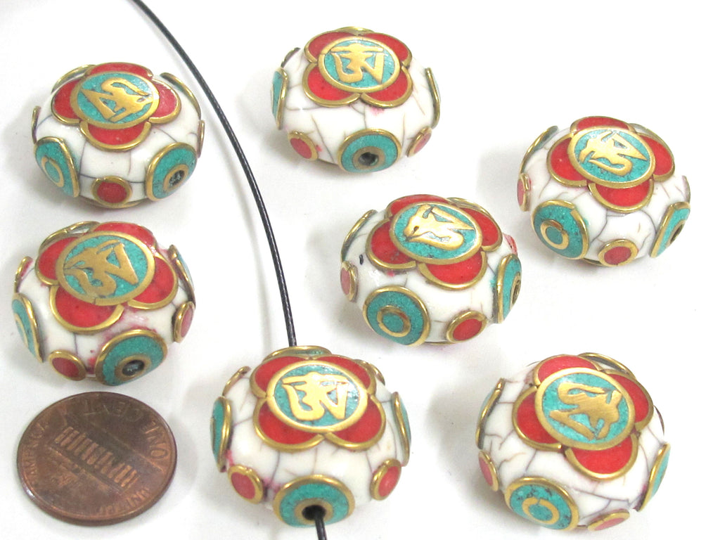 1 Bead - Tibetan Om white crackle resin reversible disc shape bead with brass , turquoise and inlay - BD828K