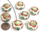 1 Bead - Tibetan Om white crackle resin reversible disc shape bead with brass , turquoise and inlay - BD828K