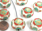 1 Bead - Tibetan Om white crackle resin reversible disc shape bead with brass , turquoise and inlay - BD828K