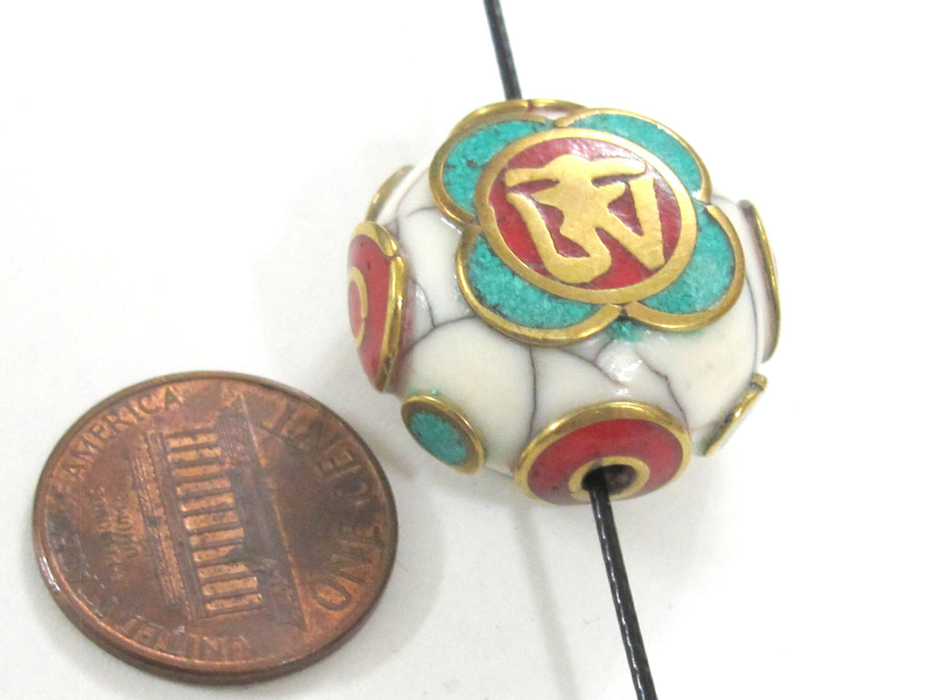 1 Bead - Tibetan Om white crackle resin reversible disc shape bead with brass , turquoise and coral inlay - BD828M