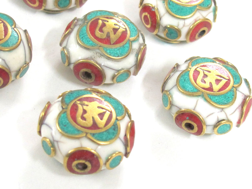 1 Bead - Tibetan Om white crackle resin reversible disc shape bead with brass , turquoise and coral inlay - BD828M