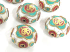 1 Bead - Tibetan Om white crackle resin reversible disc shape bead with brass , turquoise and coral inlay - BD828M