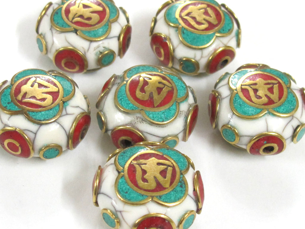 1 Bead - Tibetan Om white crackle resin reversible disc shape bead with brass , turquoise and coral inlay - BD828M