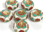 1 Bead - Tibetan Om white crackle resin reversible disc shape bead with brass , turquoise and coral inlay - BD828M
