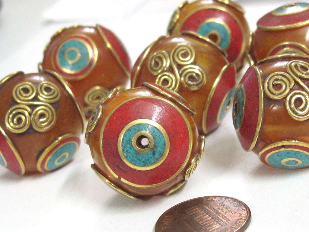 2 Beads - Beautiful Tibetan copal resin bead with brass , turquoise and coral inlay spiral coil floral design - BD835K